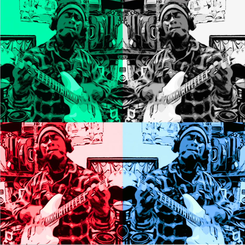 Cover art for "So Many Choices" album features four mirror square images (in green, red, blue and black & white) of the artist strumming a white Stratocaster electric guitar.